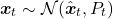 \[\boldsymbol x_t \sim \mathcal N(\hat{\boldsymbol x}_t, P_t)\]